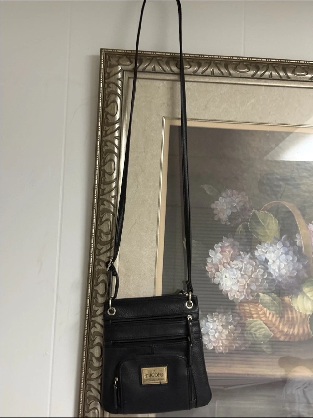 Nicole Black Pebbled Leather Crossbody with Gold Plaque